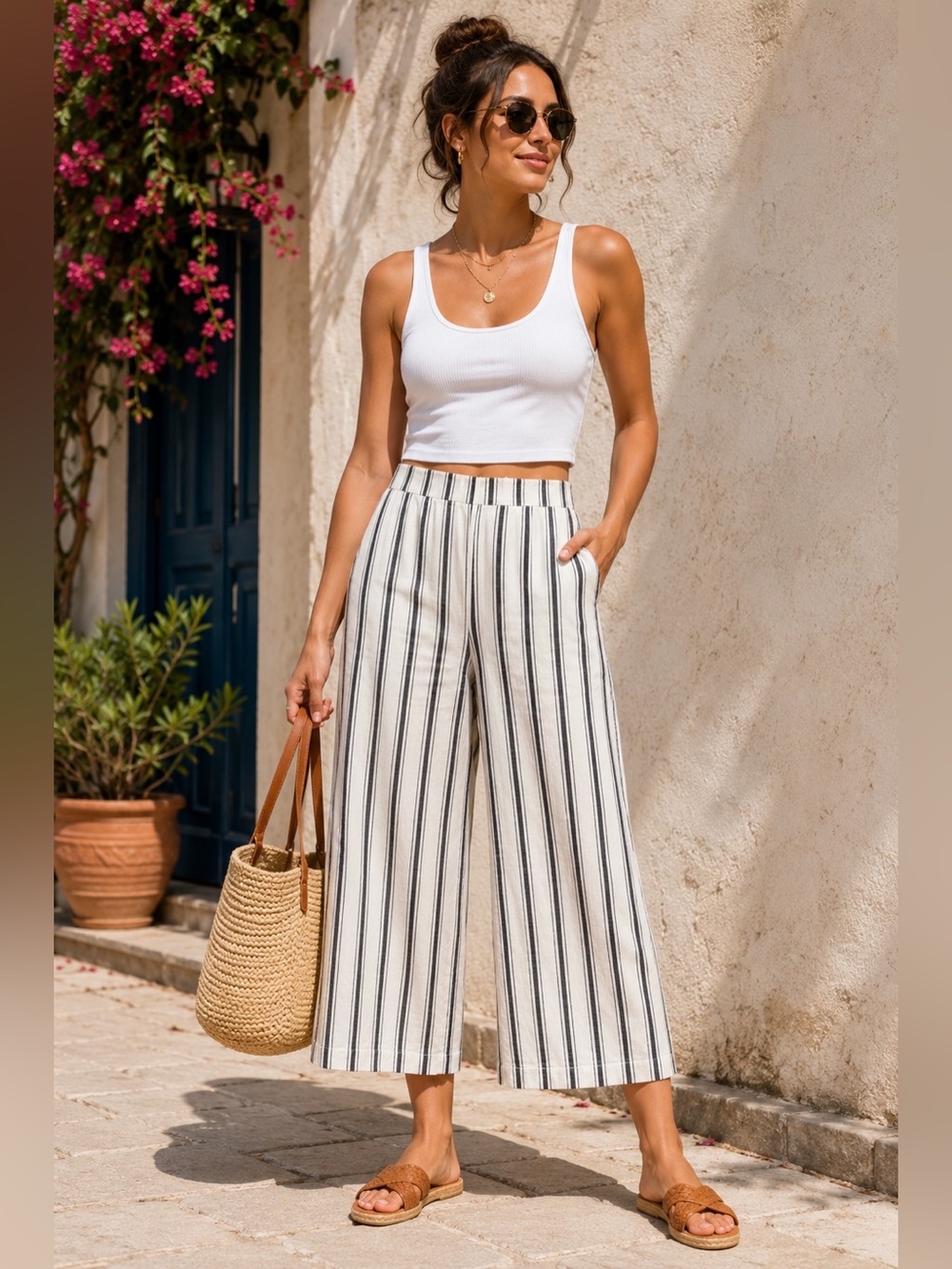 NWT a.n.a Linen Blend Wide Leg Crop Pants | Black & White Stripe | Medium